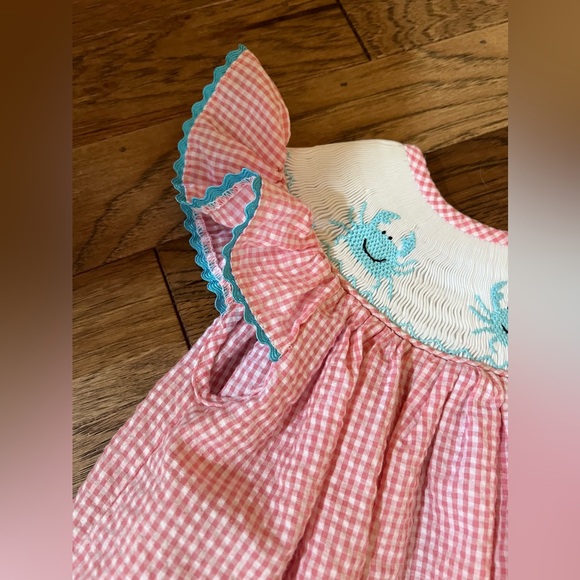 Pleats & Stitches Smocked Handmade Dress Pink Gingham Embroidered Crabs Girls 4t - Picture 4 of 8